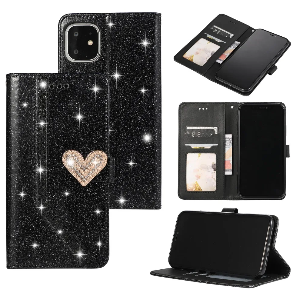 Sparkle Bling Glitter Case For iPhone 13 12 Mini 6 6s Plus 7 8 Leather Wallet Flip Phone Cover For iPhone 11 Pro Max XR XS Capa iphone pouch with strap