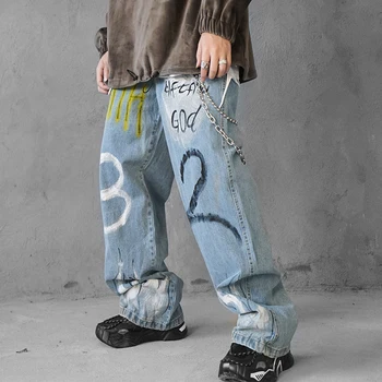 

UNCLEDONJM Graffiti jeans for men letter denim jeans pants Destroyed Stretch Slim Fit Hop Hop Pants loose fit denim jean AD-1986