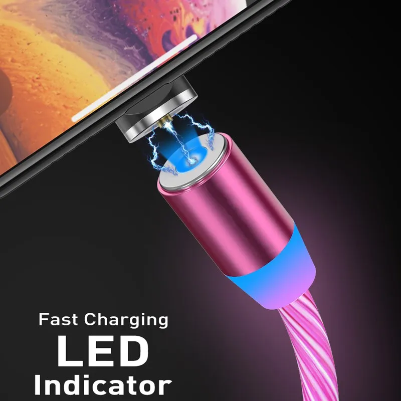 LED Glowing Light Magnetic Charging Cord Pink Charger Cable For Xiaomi CC9 Pro Note 10 iPhone X 11 Pro Coolpad 3 Plus OPPO A11