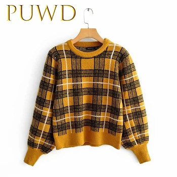 

PUWD 2019 New winter women's black and yellow Plaid round neck sweater is fashionable and stylish