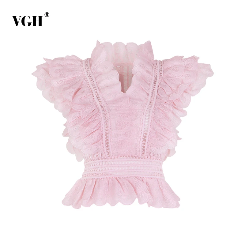 

VGH Casual Lace Patchwork Women Blouse Ruffles V Neck Sleeveless Hollow Out Slim Shirt Female Fashion 2020 Spring Clothing