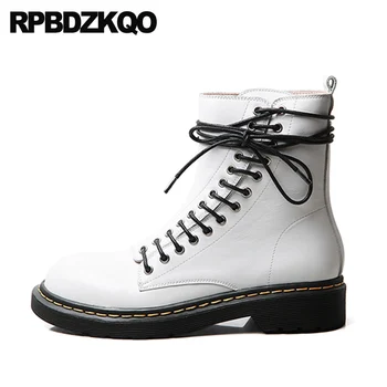 

military ladies plus size autumn chunky women ankle boots 2019 round toe white shoes big genuine leather 34 short combat lace up
