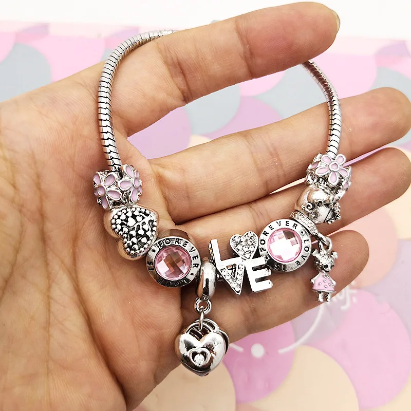 Mingshang розовый любовь Сердце браслет с подвеской для женщин Модный браслет осень в любовь подарок ювелирные изделия