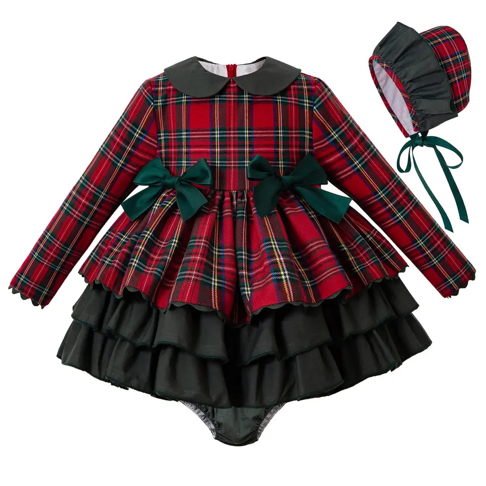 Pettigirl Autumn Red Baby Clothing Sets Christmas Grid Dress+PP Pants+Bonnet Girls Party Costumes Children Clothes G-DMCS208-245 - Цвет: As picture