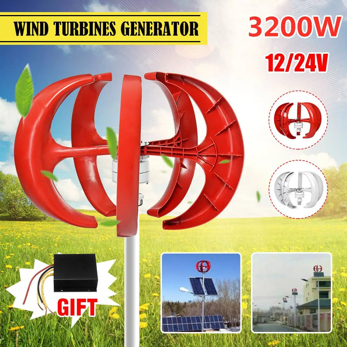 

3200W AC 12/24V Lantern 5-Blade Wind T urbine Generator Household Power Generator W/Controller For solar streetlight,boat,Marine