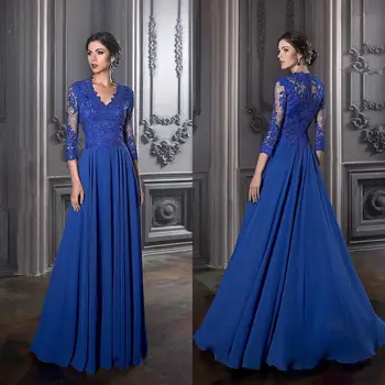

Luxury Royal Blue Mother of the Bride Dress 3/4 Sleeves Lace Chiffon Beaded Groom Mother Dress A Line Wedding Guest Evening Gown
