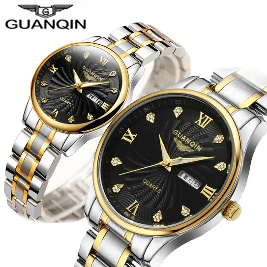 GUANQIN, парные часы, набор, роскошный алмаз,, мужские, женские, наручные часы, нержавеющая сталь, кварцевые часы, reloj pareja hombre y mujer - Цвет: white gold black