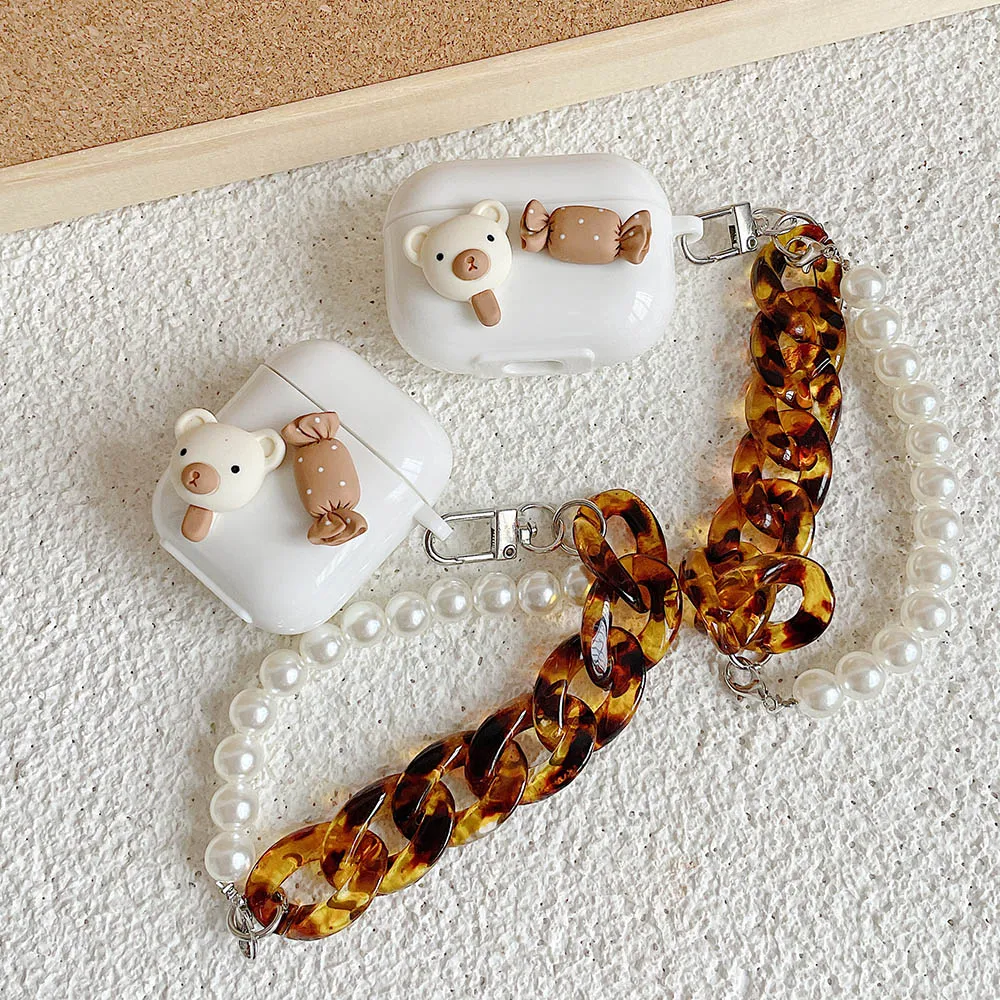 Cute Bear Candy Case for Apple Airpods 1 2 Case Luxury Amber Pearl Bracelet Chain Case for AirPods Pro Case Earphone Cover