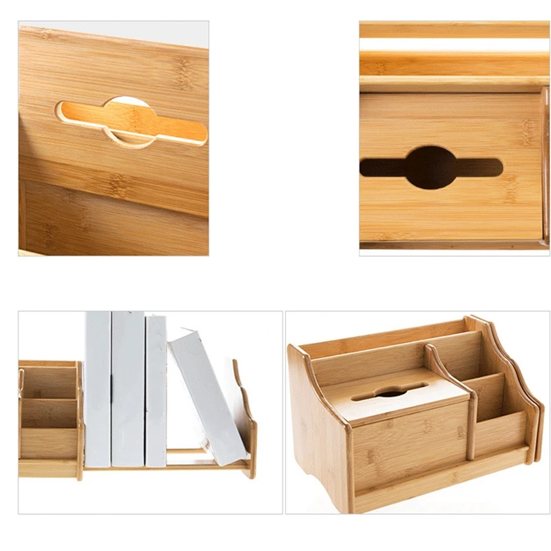  Bamboo Desktop Storage Box Retractable Bookshelf Office Desk Stationery Remote Control Storage Rack