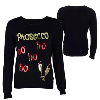 

Pop Fashion New Womens Christmas Jumper "Prosecco Ho Ho ho" Wine Glass Pattern Sequins T-shirt Lady Tops Pop 88