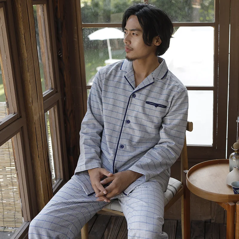 

Meju Men Pajamas Pure Cotton Autumn New Style Long Sleeve Fold-down Collar Household Two-Piece Set Large Size Casual Homewear Se