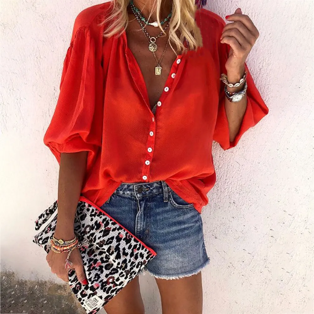 

MoneRffi Womens Solid Color Long Sleeve V-neck Button Ladies Shirt V-neck button ladies shirt women's clothing