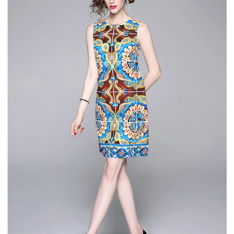 

Summer New Style Europe And America WOMEN'S Dress Handmade Beading Diamond Set Crew Neck Vest Skirt Waist Hugging Fashion Floral