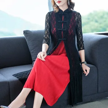 

Autumn Dress Women Vintage Long Dress Chinese style Stand Collar Three Quarter Sleeve Plus Size Miyake Pleats Faux Two Piece