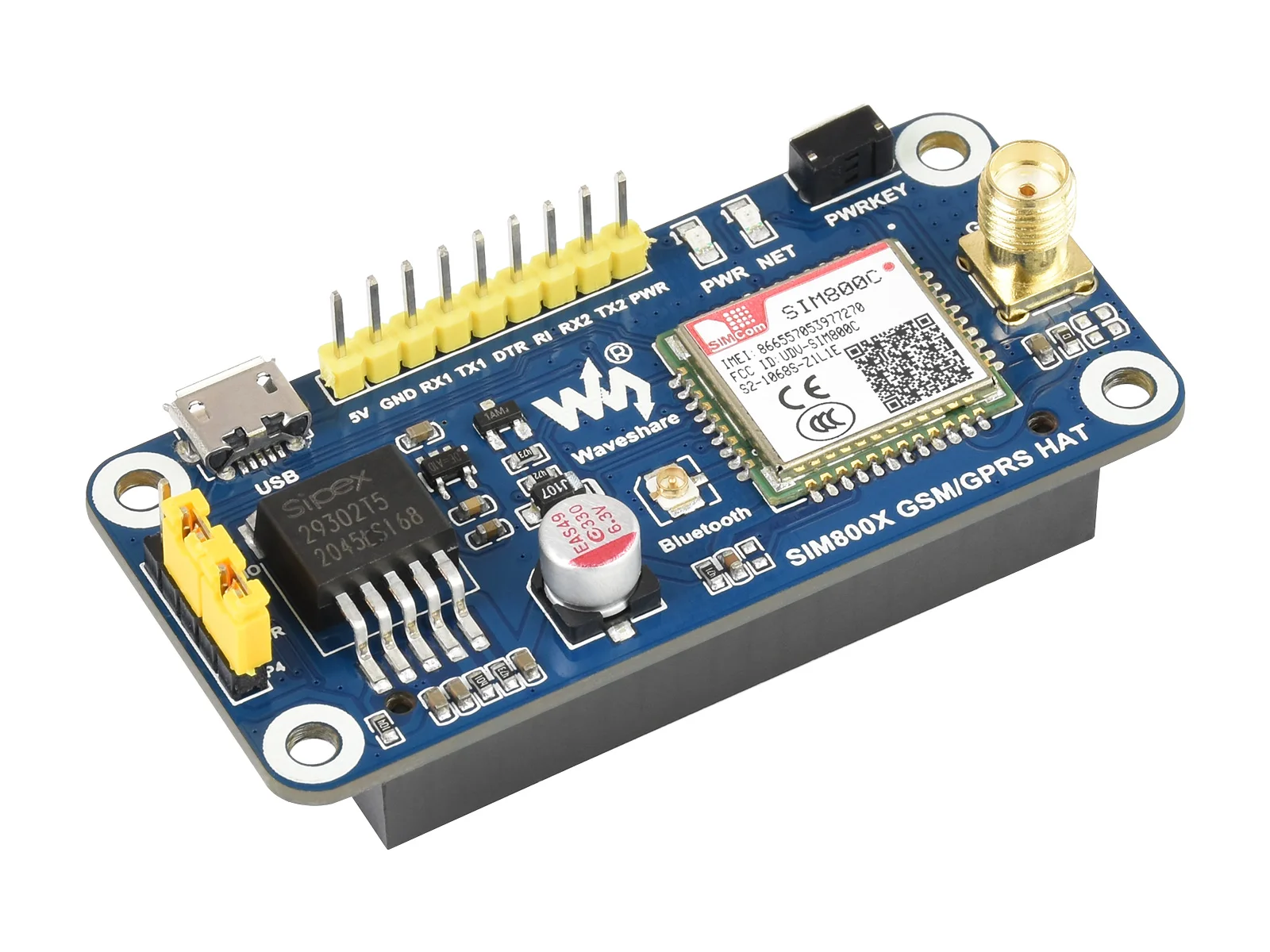 Waveshare SIM800C GSM/GPRS/Bluetooth HAT For Raspberry Pi,2G Communication,Bluetooth Data Transmission,Supports SMS,GPRS,DTMF