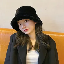 Fashion Faux Fur Winter Bucket Hat For Women Girl Solid Thickened Soft Warm Fishing Cap Outdoor Vacation Hat Cap Lady