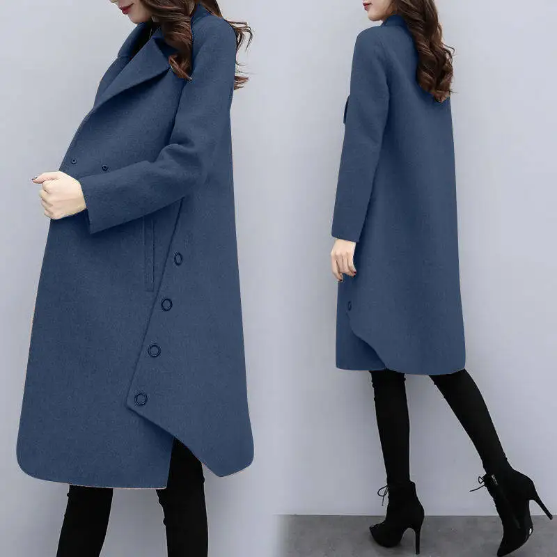 Navy Blue Новинка, осенне-зимнее женское пальто, высокое качество, смесь шерсти, кардиган, куртка, пальто, большой размер, длинный плащ, верхняя одежда, шерстяное пальто для женщин - Цвет: Navy Blue