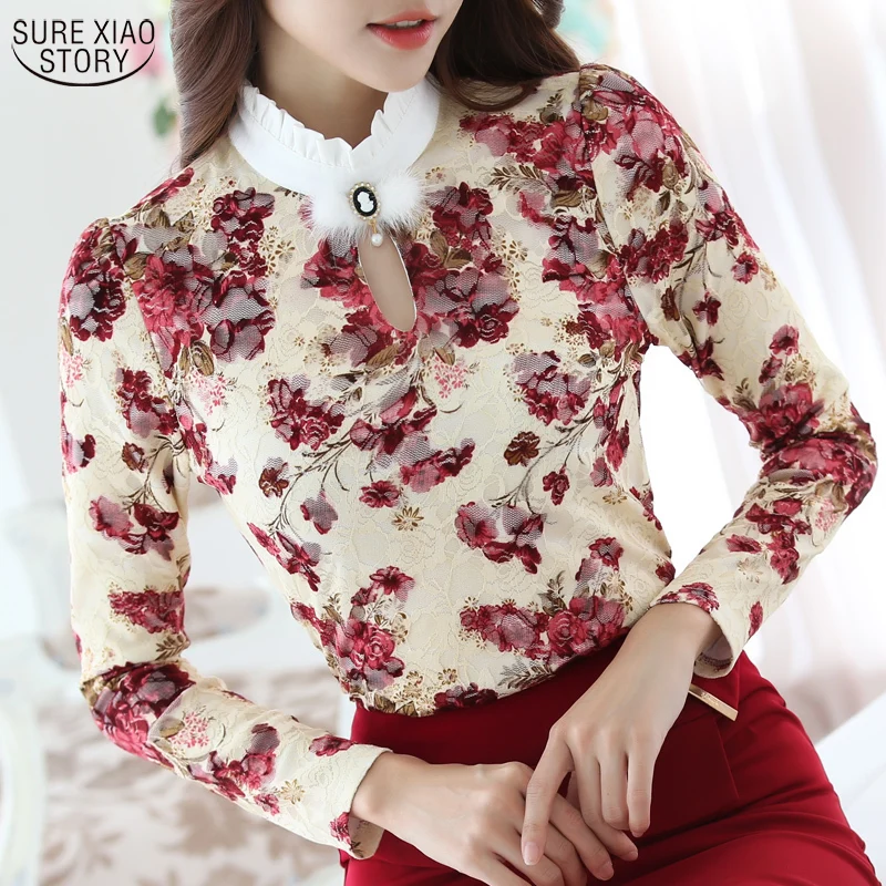 Fashion Women New Lace Crochet High Collar Blouse Casual Long-sleeve Shirt Tops 