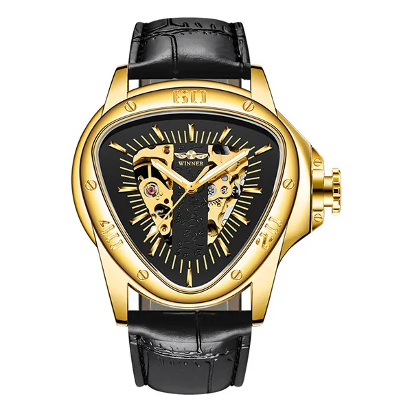 Лидирующий бренд WINNER Мужские автоматические механические часы гоночный спортивный дизайн треугольник скелет часы светящиеся руки наручные часы - Цвет: gold black