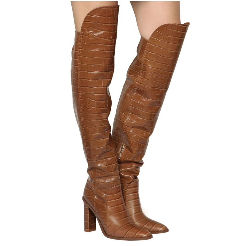 

New Leather Over The Knee Boots Sexy Chunky Heel Round Toe Fashion 2019 Winter Shoes Woman High Heel Zipper Party Boots Women