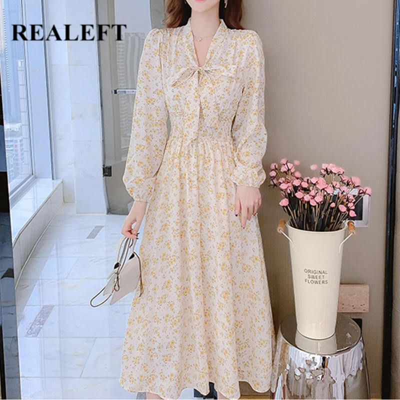 

REALEFT 2022 New High Waist Women's Floral Print Dresses Chiffon Elegant Long Sleeve V-Neck Bow Ladies Midi Dresses Female