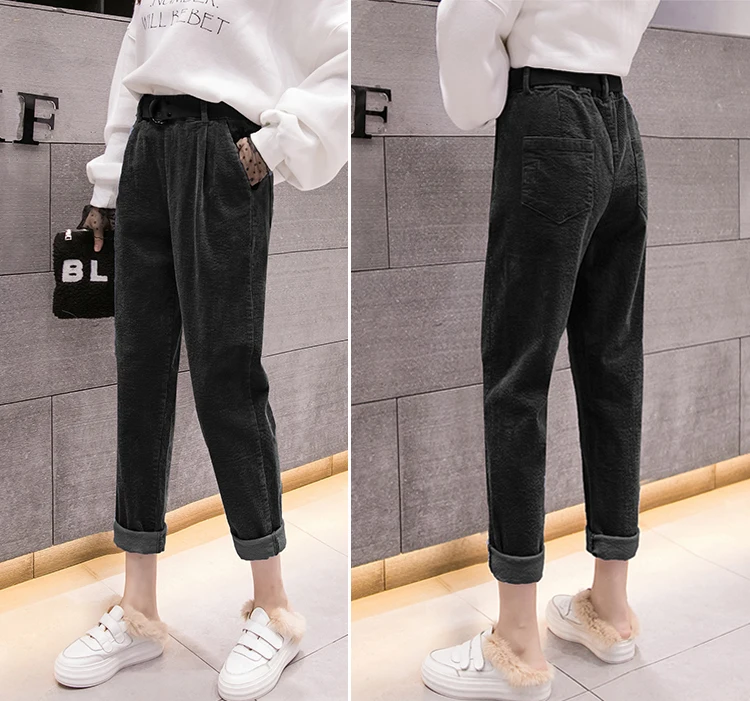 Новые женские повседневные весенне-осенние вельветовые длинные брюки Harajuku, однотонные хлопковые льняные брюки с эластичной резинкой на талии, штаны-шаровары длиной до щиколотки