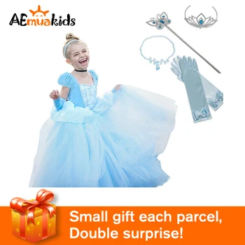

Girls Cinderella Dress up Cosplay Costumes Kids Puff Sleeve Embroidery Blue Clothes Child Christmas Birthday Princess Dresses