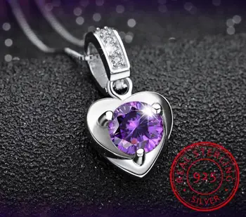 

925 Sterling Silver White/Purple Zirconia Heart Shape Pendant Necklace For Women Gift 45cm Link Chain choker collares S-N132