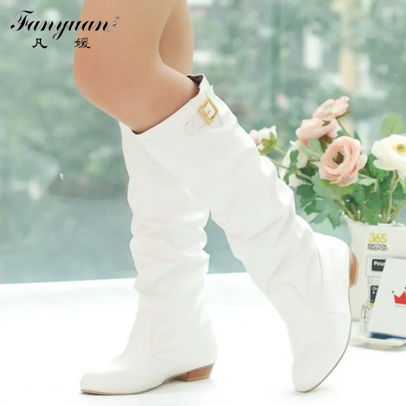 

New Women Knee High Boots Vintage Low Thick Heel Spring Autumn Shoes Round Toe Less Platform Motorcycle Boots Big Size 34-43