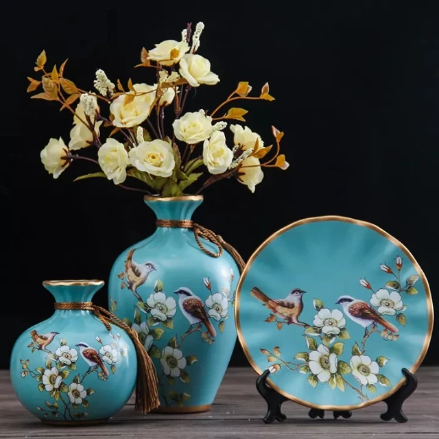3Pcs/Set European Ceramic Vase Dried Flowers Flower Arrangement Wobble Plate Living Room Entrance Ornaments Home Decorations 12