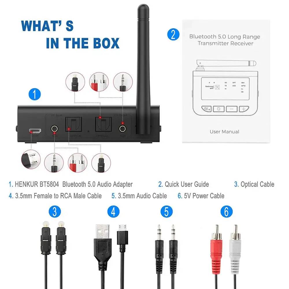 Bluetooth 5,0 двухканальный передатчик приемник 3 в 1 беспроводной аудио адаптер aptX HD и APX AUX для ТВ дома стерео гарнитура динамик - Цвет: 6 in 1
