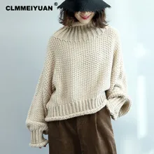 Зимний теплый вязаный свитер, пуловер с крючком, джемпер с цветами, Женская водолазка, теплые свитера, Однотонный женский топ с рукавом-фонариком, Femme