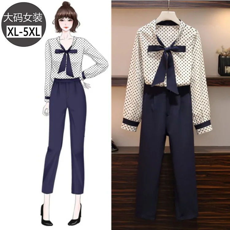 

Large Size Dress Long Sleeve Polka Dot Bow Shirt Tops Women's Casual Capri Pants Two-Piece Set Early Autumn Fat Mm New Style
