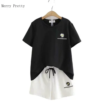 

Women Sets Tops And Shorts Floral Embroidery Short Sleeve Cotton T Shirts Hight Waist Pocket Shorts 2020 Summer Two Piece Set
