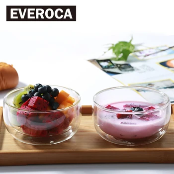 

1 Pcs Double Layer Transparent Glass soup Bowl Ice Cream Heatproof heat insulation Salad Dinnerware