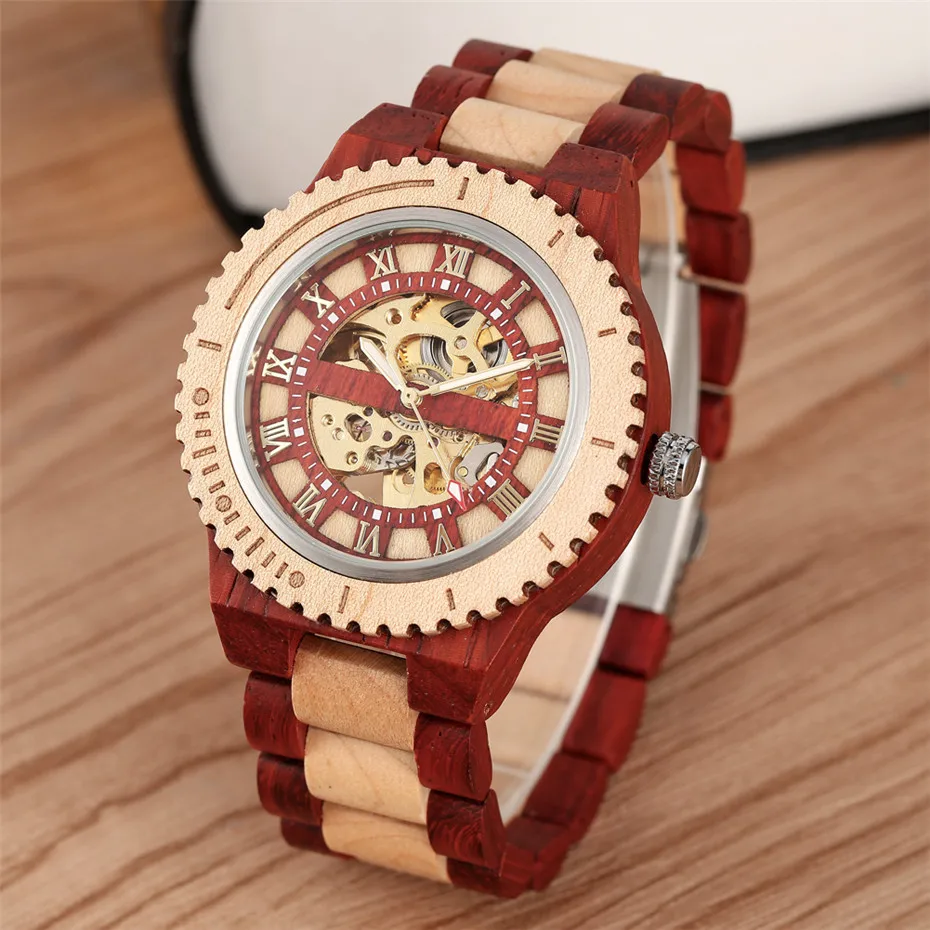 Roman Numerals Display Wooden Men Watch Automatic Mechanical Wood Bangle Wristwatch Self-Winding Luxury Male Clock New