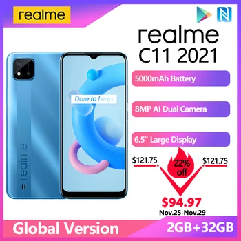 Realme C11 mundial de 2021 2GB RAM 32GB ROM 6,5 "HD + 8MP cámara de IA 5000mAh batería de larga duración NFC