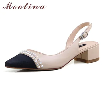 

Meotina Shoes Women Pearl Genuine Leather Mid Heel Slingbacks Pumps Square Toe Square Heels Footwear Lady Summer Apricot Size 40
