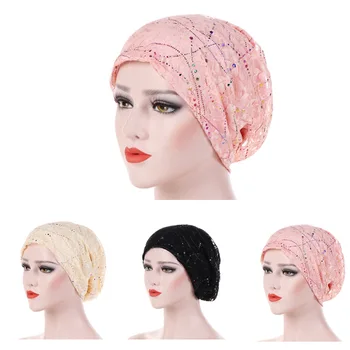 

Lace Breathable Baotou Cap Female Cotton Colorful Glue Leisure Beanie Hat hijabs muslim islamic scarf scarves