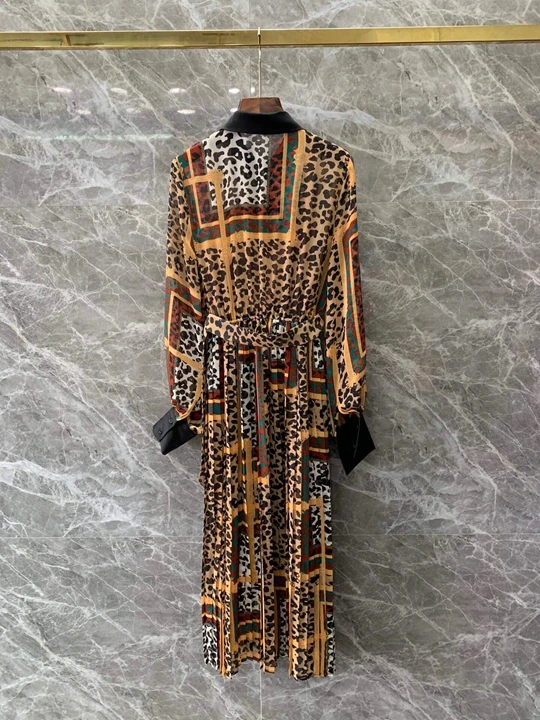 Новинка зимы женское гофрированное платье с воротником и поясом 1210 Леопард