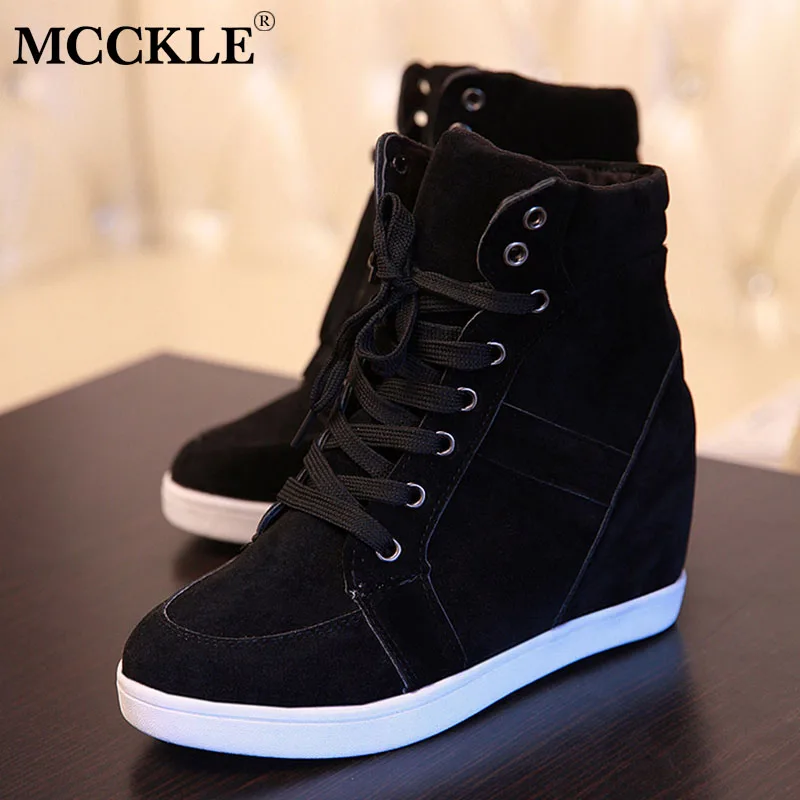 

MCCKLE Winter Suede Shoes Women Ankle Boots Warm Height Increasing Lace Up Ladies Plus Velvet Cotton Shoes Platform Female New