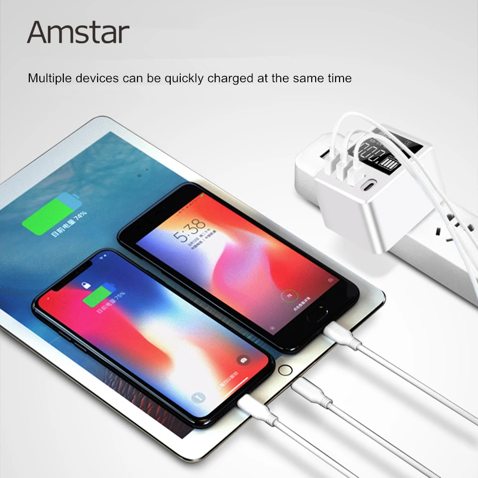 Amstar Quick Charge 3.0 30W USB Charger LED Display Mini USB Type C Charger For iPhone Samsung Huawei Travel Wall Adapter
