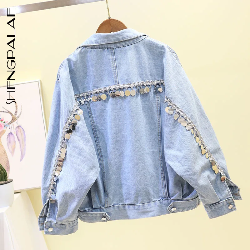 

SHENGPALAE New 2019 Spring Korea Style Full Sleeve Single Breasted Sequins Tassel Hole Turn-down Collar Women Loose Coat FR595