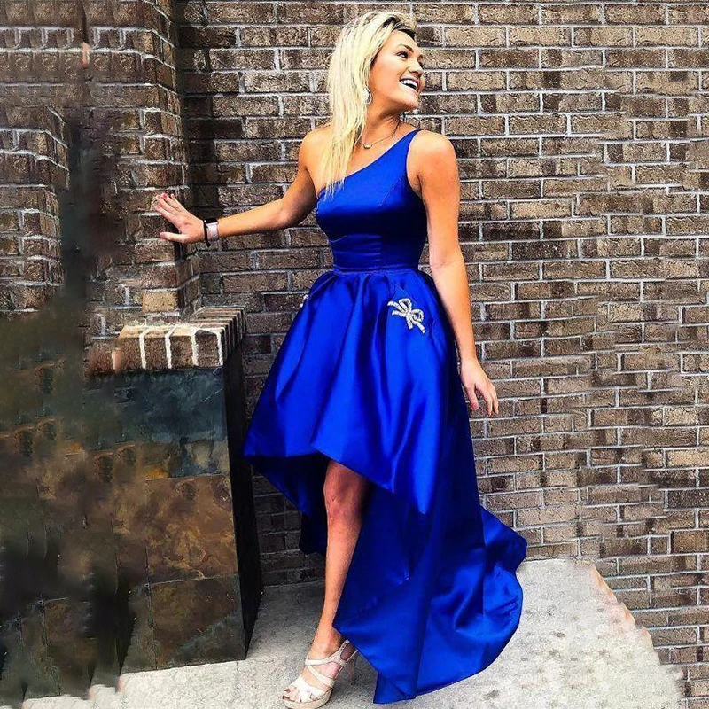High Low Prom Dresses 2020 Royal Blue Satin One Shoulder Formal Evening Dress Cheap Party Dress For Women robe de soiree