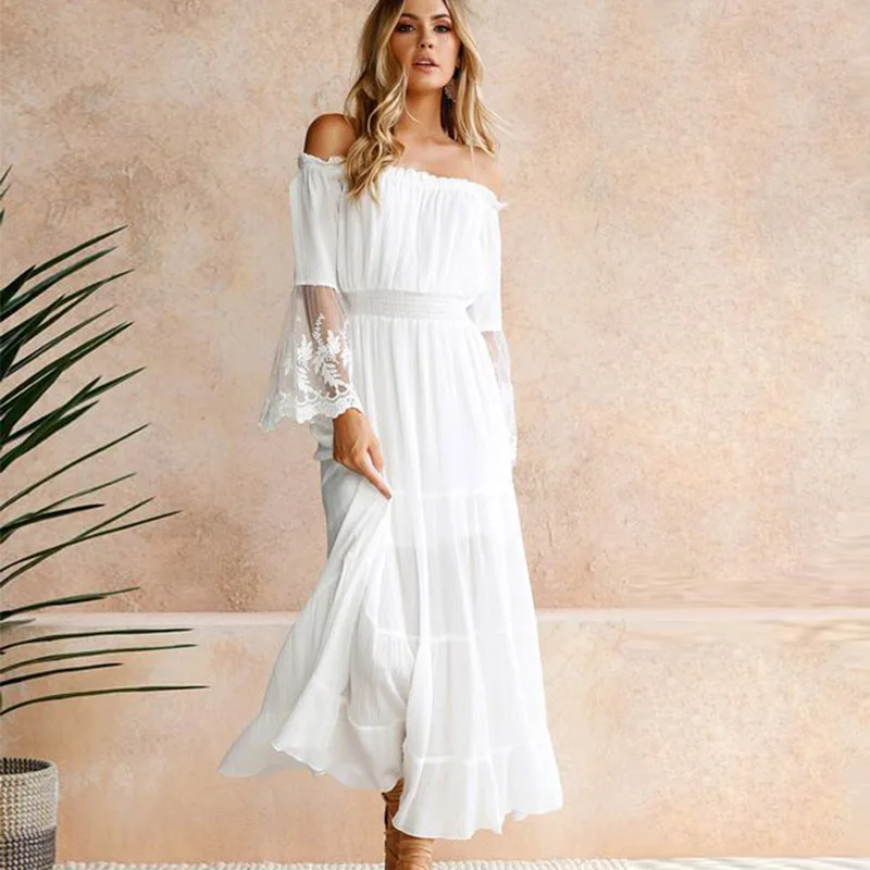 

Paris Girl Summer Sundress Long Women White Beach Dress Strapless Long Sleeve Loose Sexy Off Shoulder Lace Boho Cotton MaxiDress