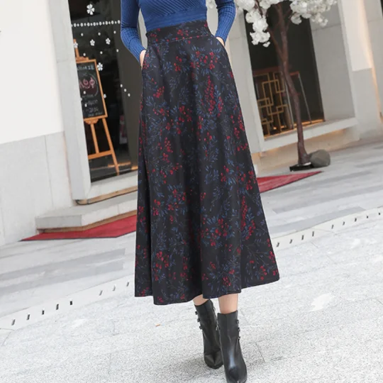 New 2020 Retro Winter Print Women Skirt Vintage Elastic High Waist Jupe Femme Long Maxi Wool Velvet Falda Larga AQ678 | Женская одежда