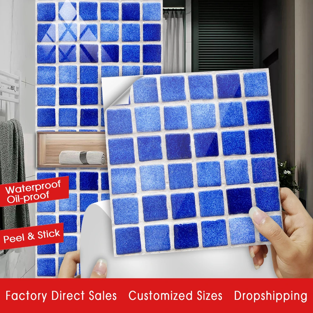 Blue Flat Mosaic Pattern Crystal Hard Tiles Ceramics Wall Sticker