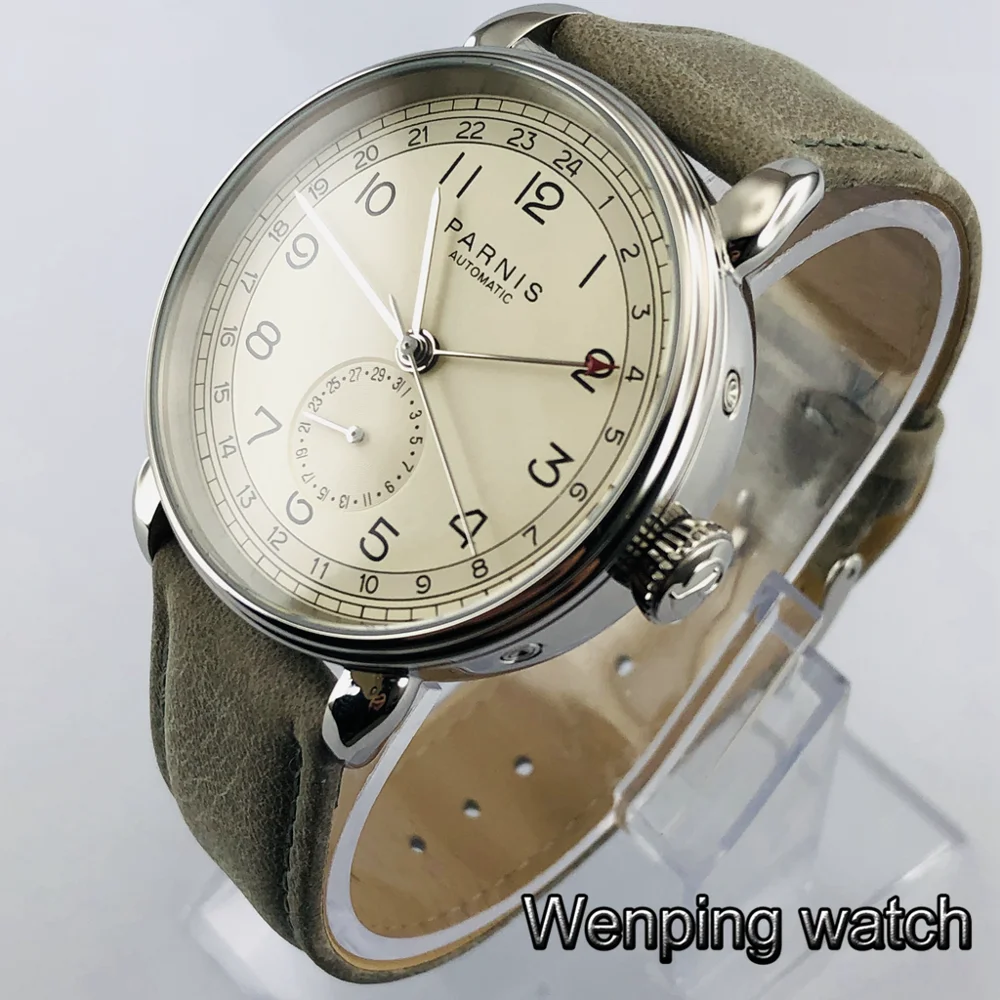 Новинка Parnis 42 мм GMT Серебряный чехол Арабская марка Дата Окно кожаный ремешок