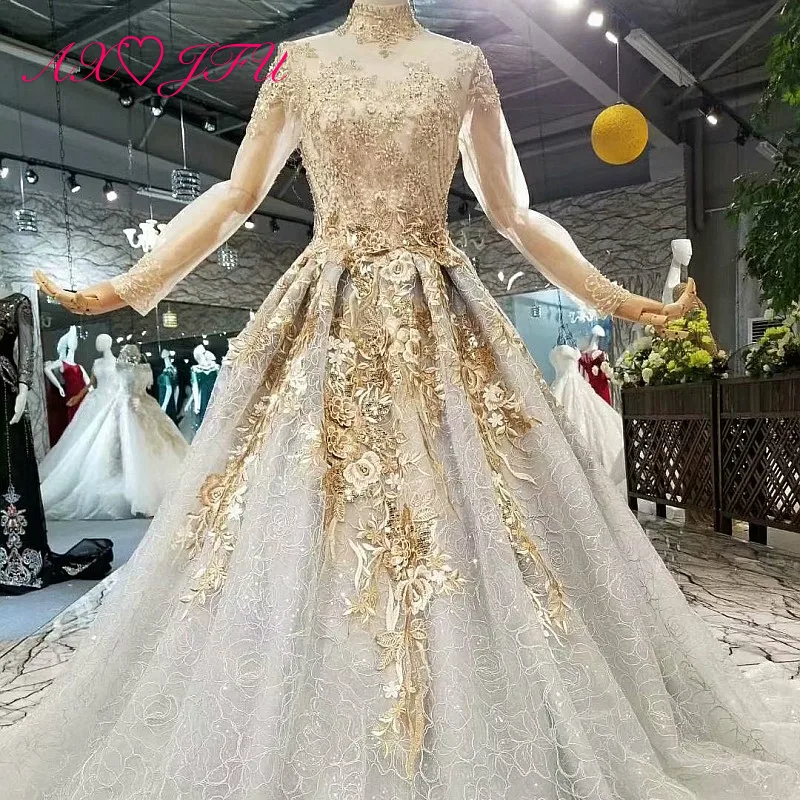 

AXJFU Princess grey lace evening dress champagne flower luxury beading vintage evening dress 100% Real Pictures 855111