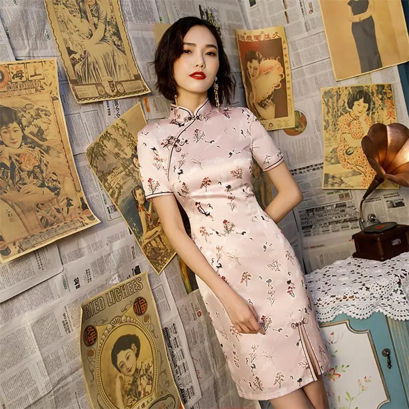 Hot Sale Ladies Print Satin Cheongsam Chinese Style Short Qipao Summer Formal Dress Novelty National Dress S-3XL
